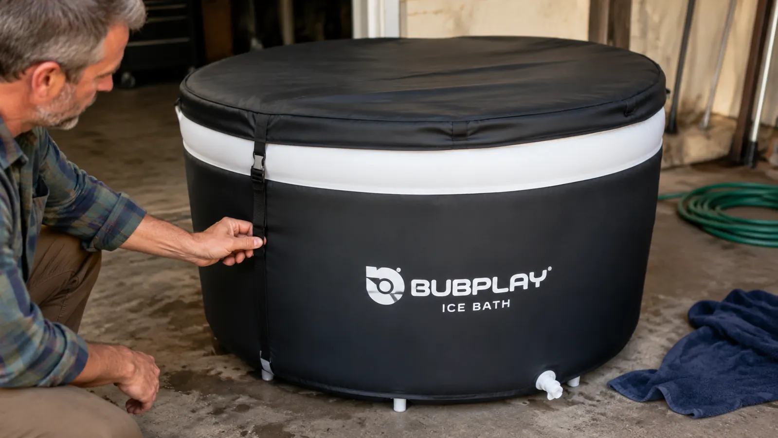 Hand securing the insulated cover on a Bubplay cold plunge tub in a garage