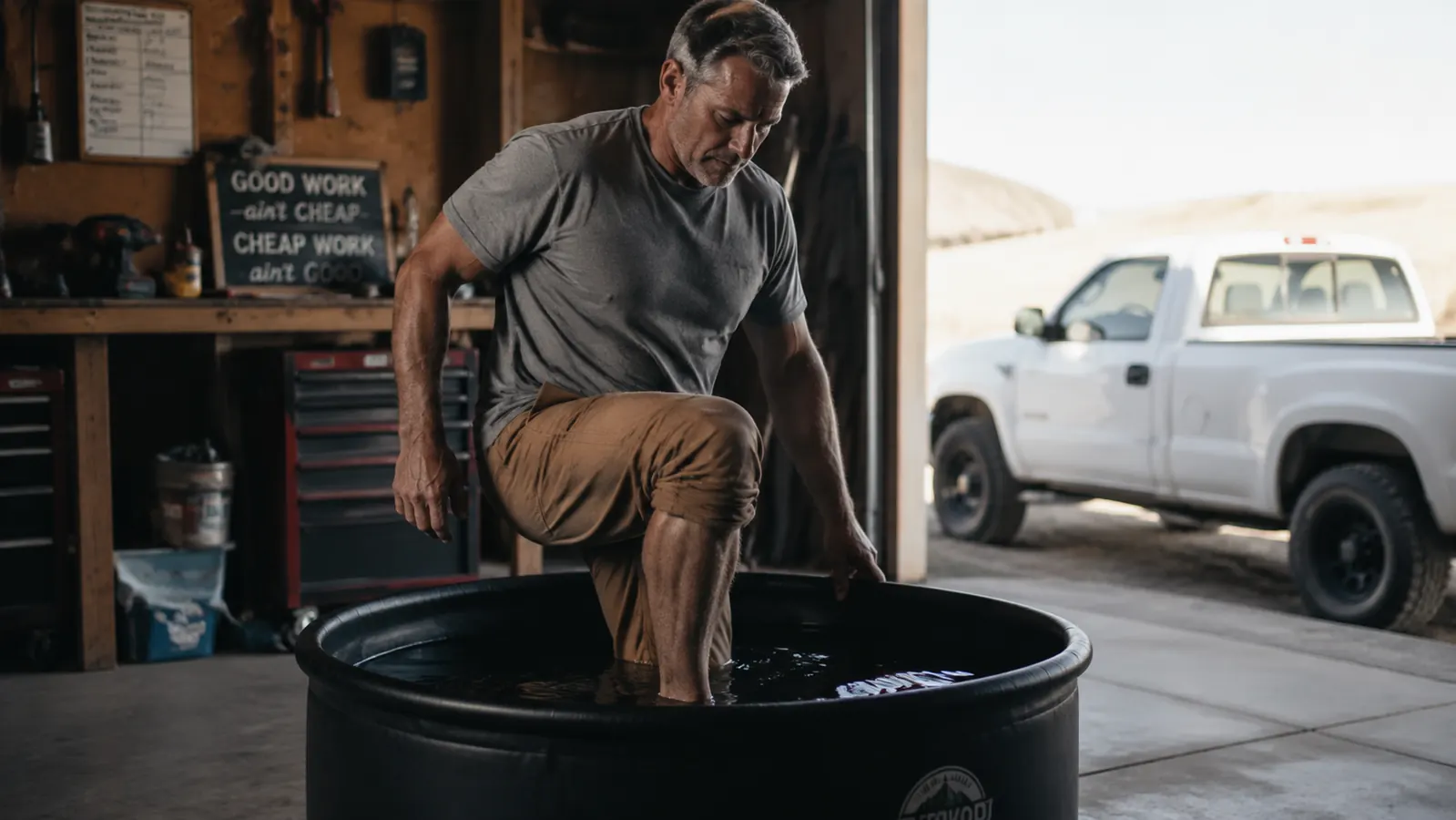Man in work pants stepping into a black cold plunge tub in a garage early in the morning