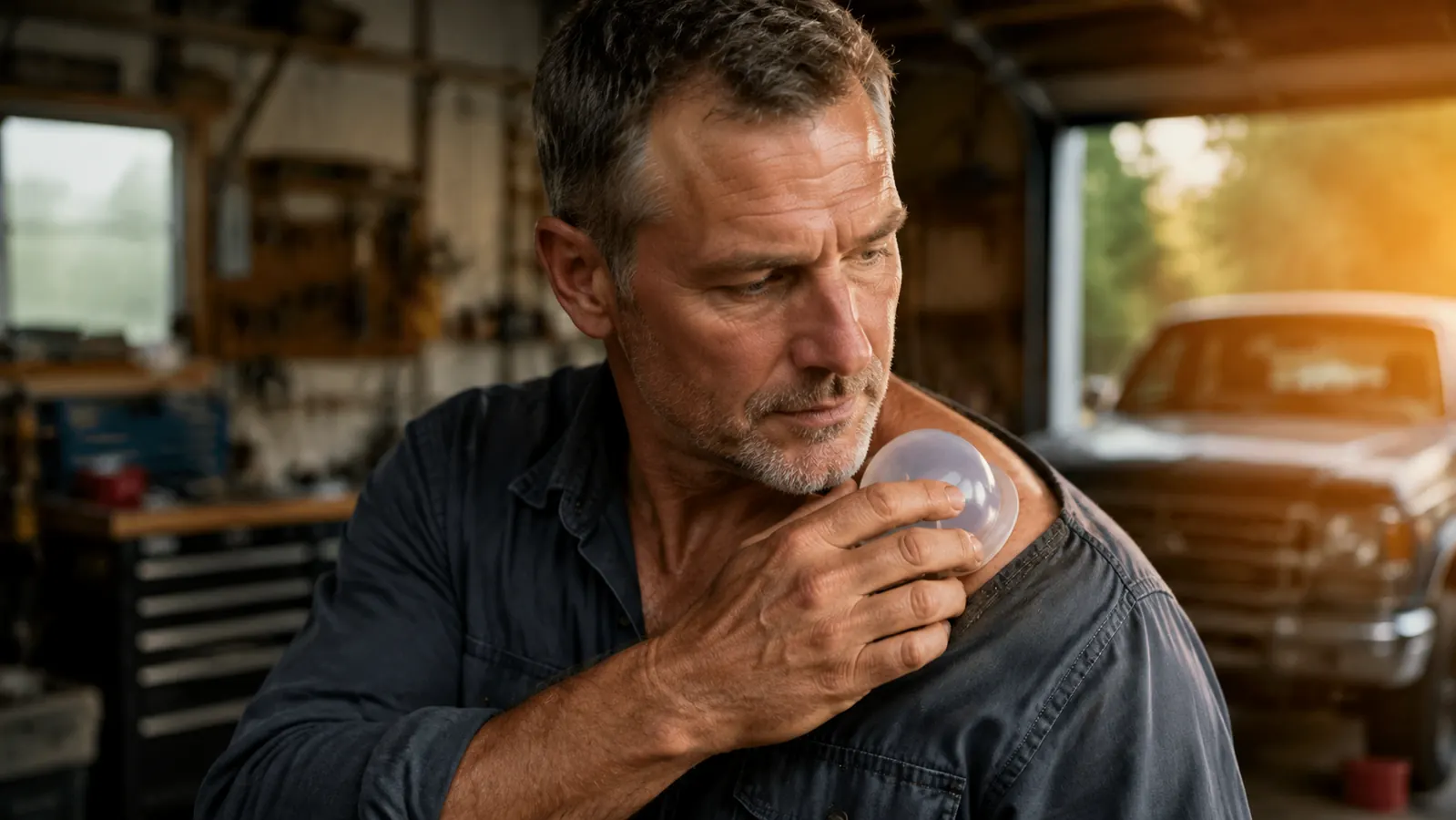 Man in a work shirt using a silicone cupping cup on his own shoulder in a garage