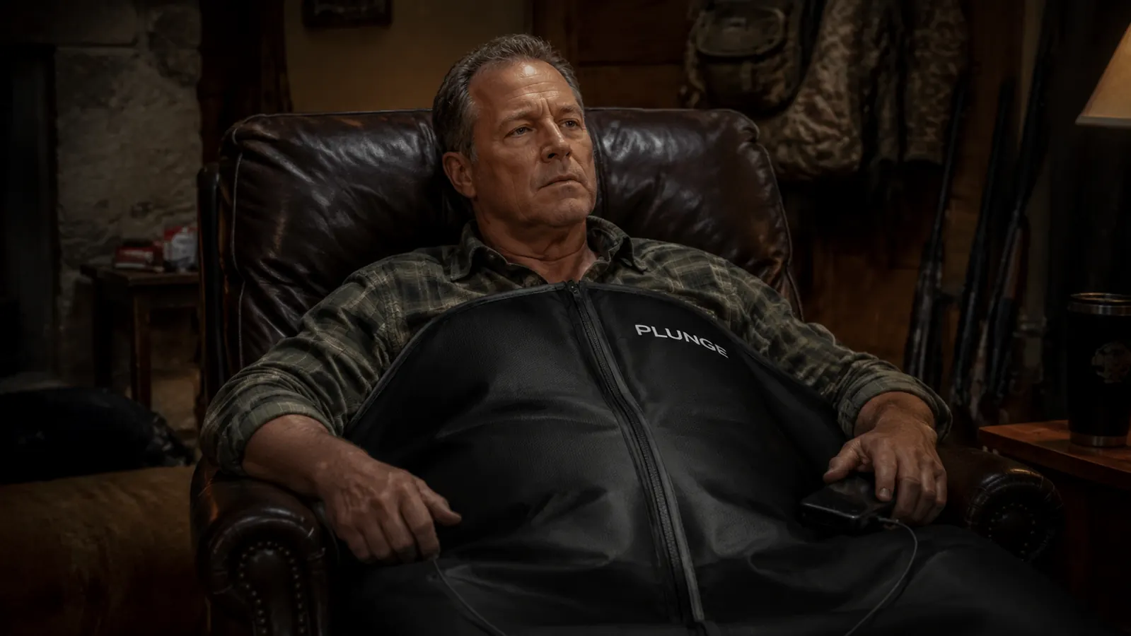 Man relaxing on a recliner wrapped in an infrared sauna blanket in a den after a long work shift