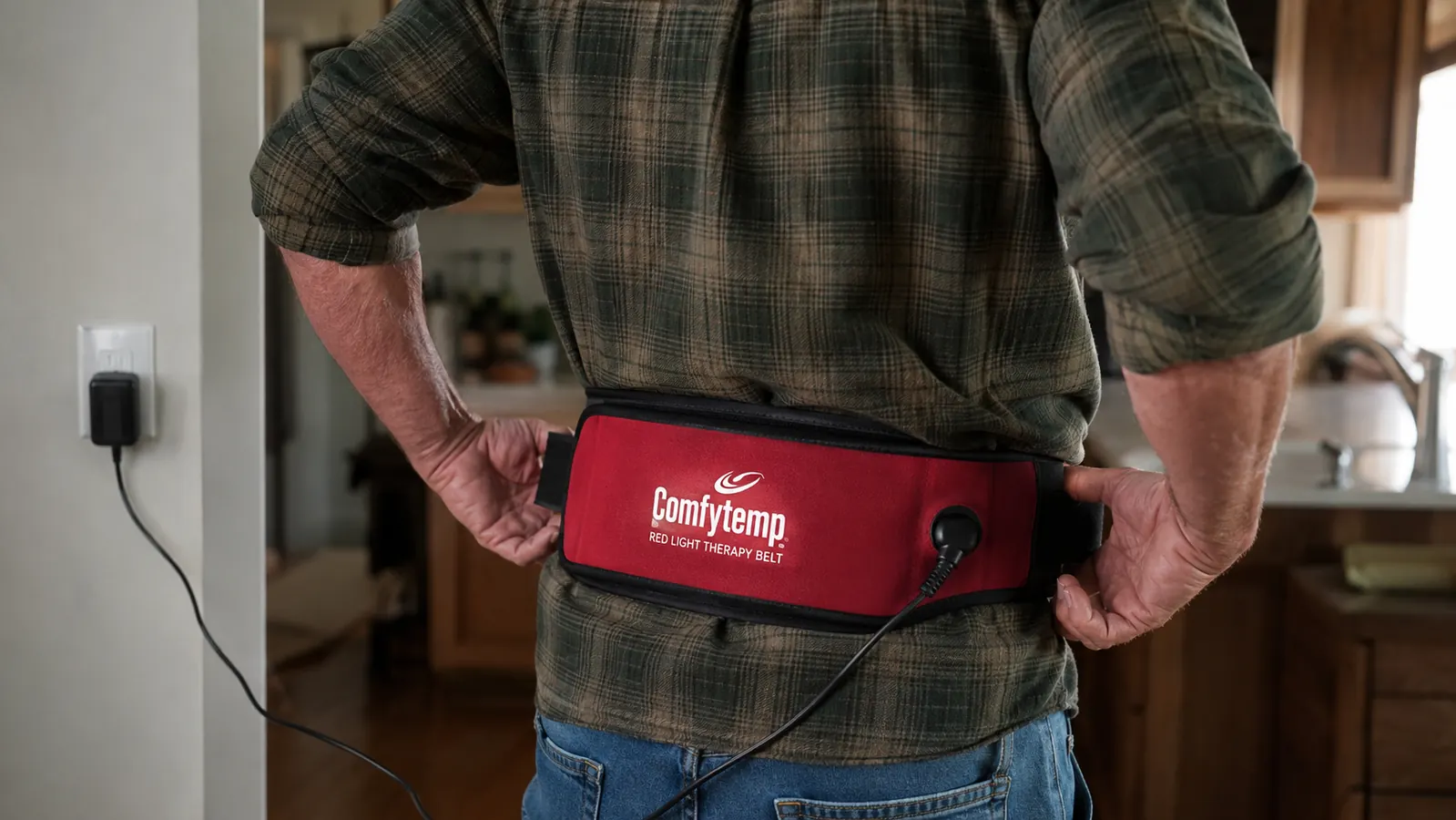 Hands fastening the Comfytemp red light therapy belt around a lower back with the hook-and-loop strap