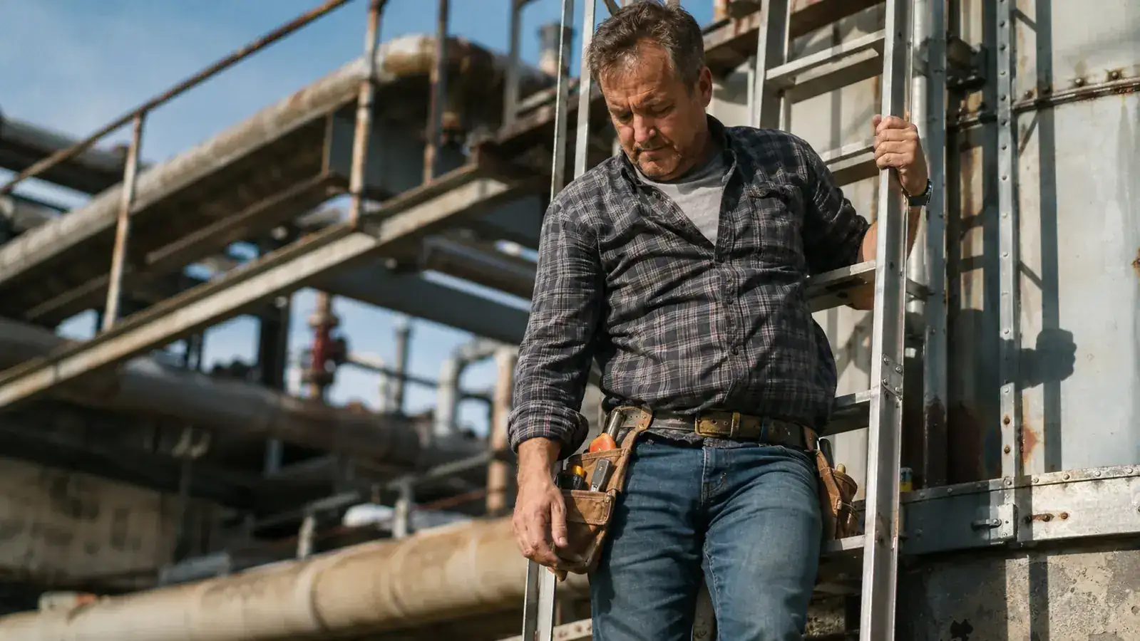 Man climbing down a ladder at a plant with tools on his belt, moving easily