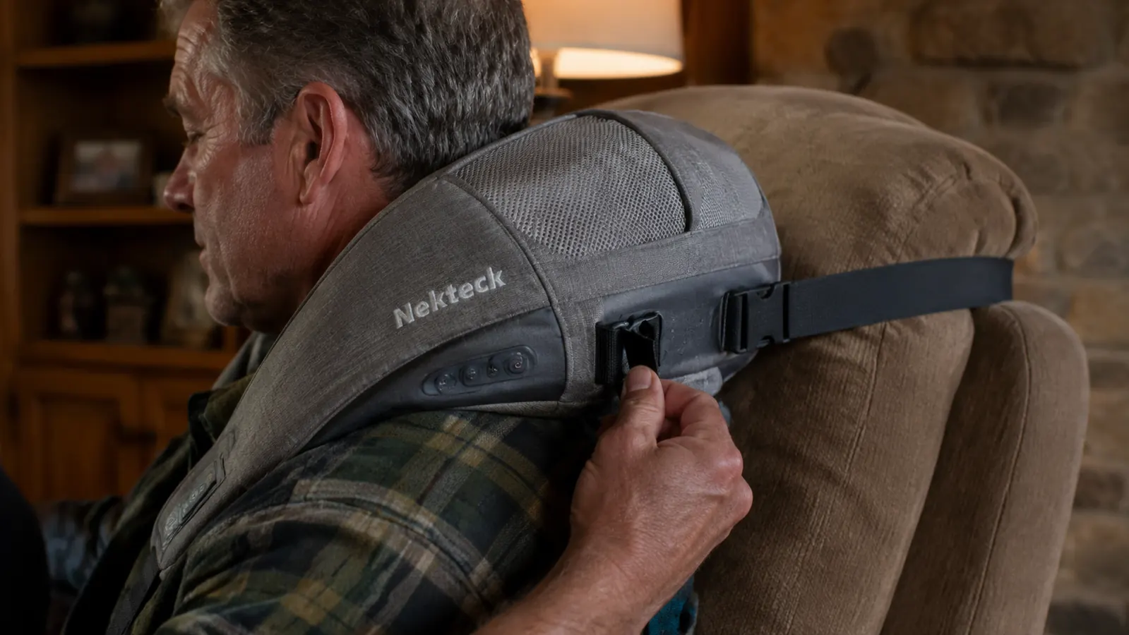 Hand adjusting the strap on a Nekteck shiatsu neck and shoulder massager before use