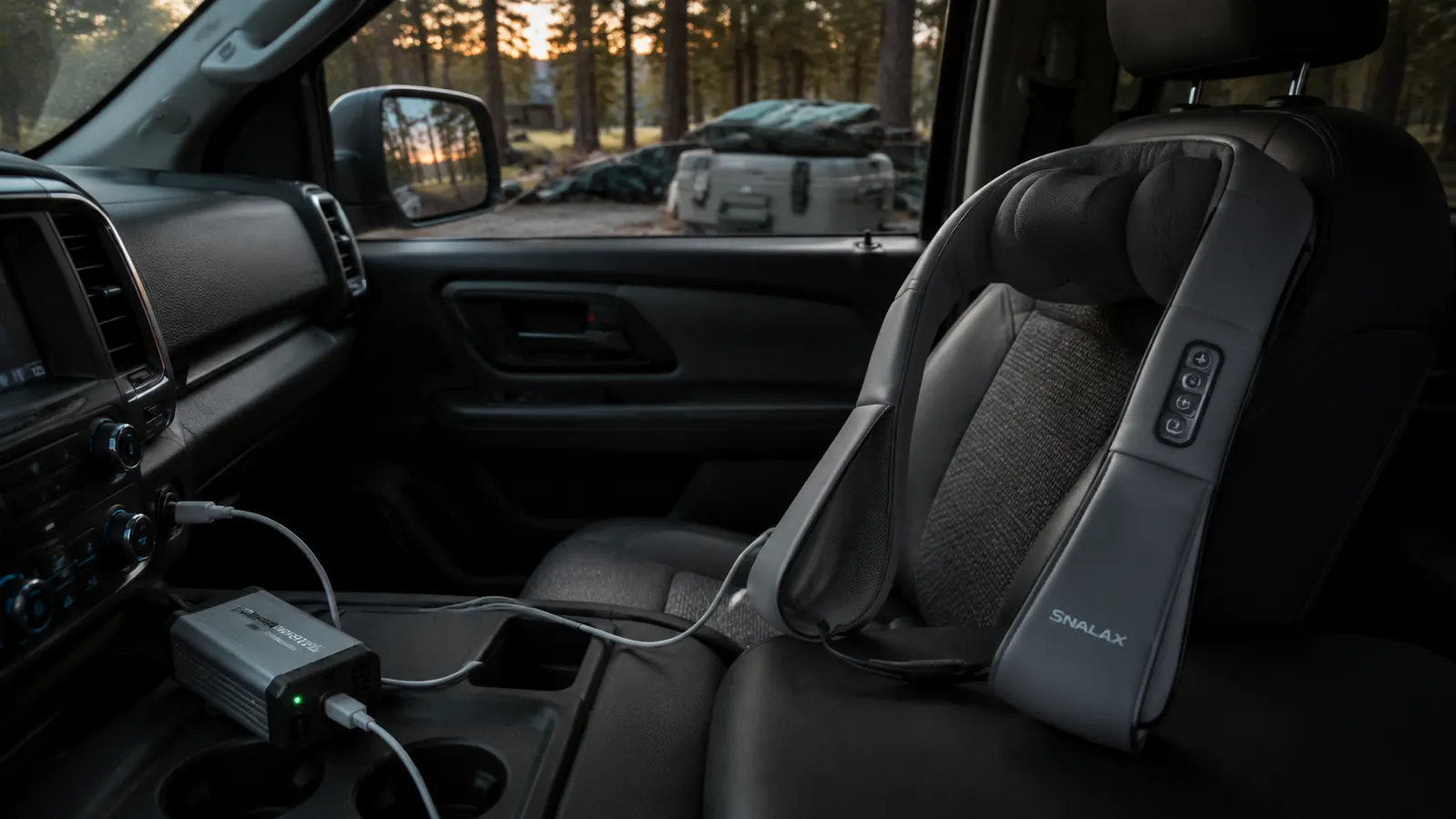 Shiatsu neck massager plugged into a truck power inverter at a hunting camp
