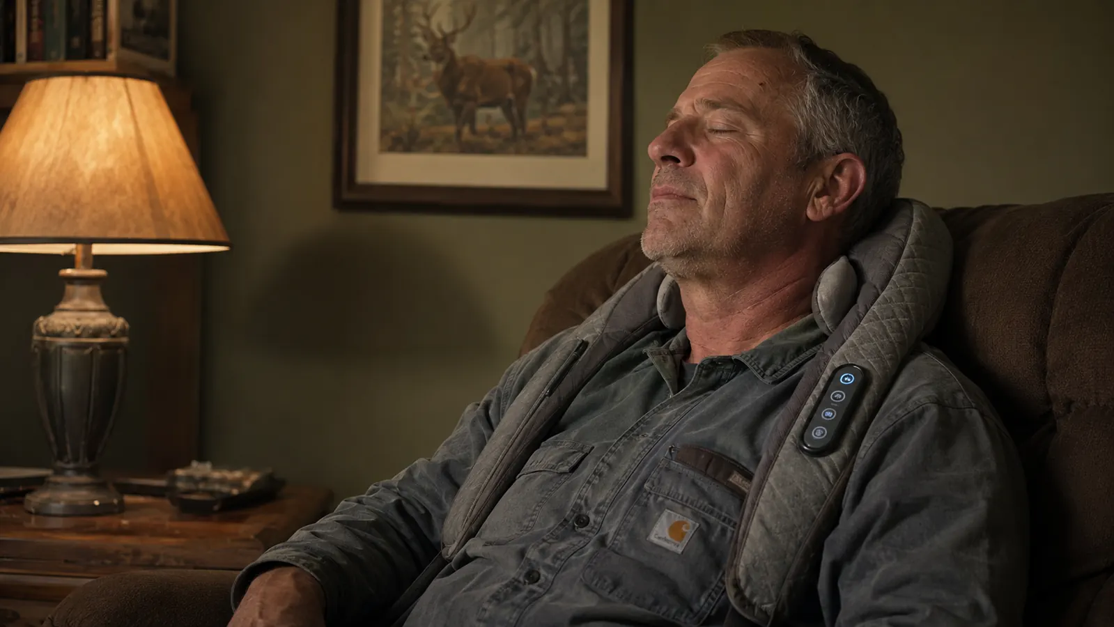 Man in a work shirt sitting in a recliner with a shiatsu neck and shoulder massager draped over his shoulders