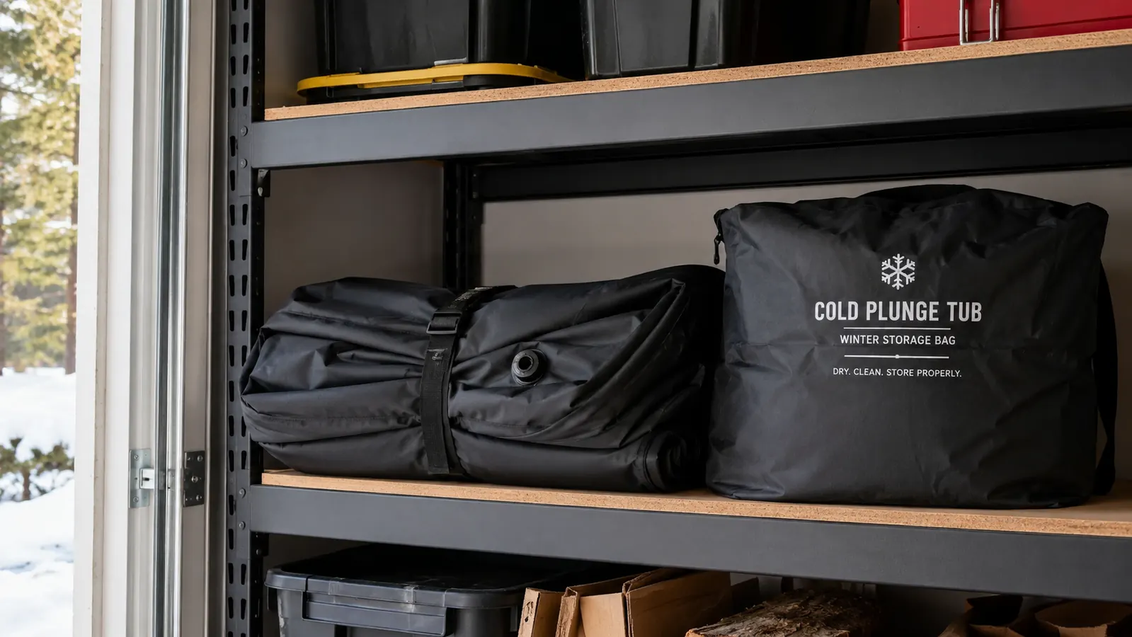 Bubplay tub covered and drained, folded storage bag sitting on a garage shelf
