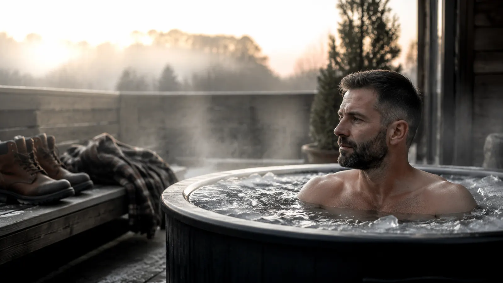 Bubplay cold plunge tub on a backyard patio at dawn with steam rising off the water