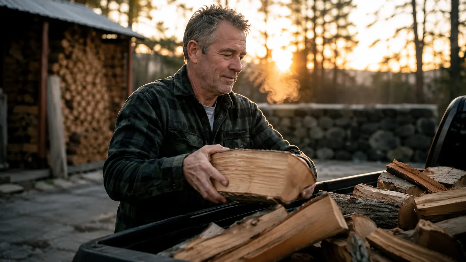 Man loading firewood into a truck bed on a cool morning, moving without stiffness
