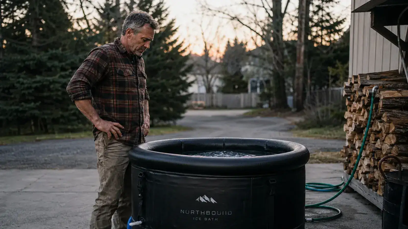 Man in his fifties in work clothes standing beside a black inflatable ice bath tub set up on a driveway at dusk
