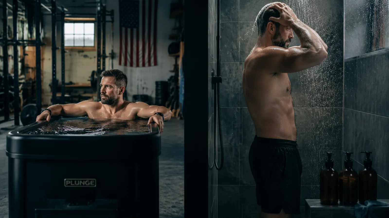 Man stepping into a black round cold plunge tub set up on a garage floor next to a shower stall
