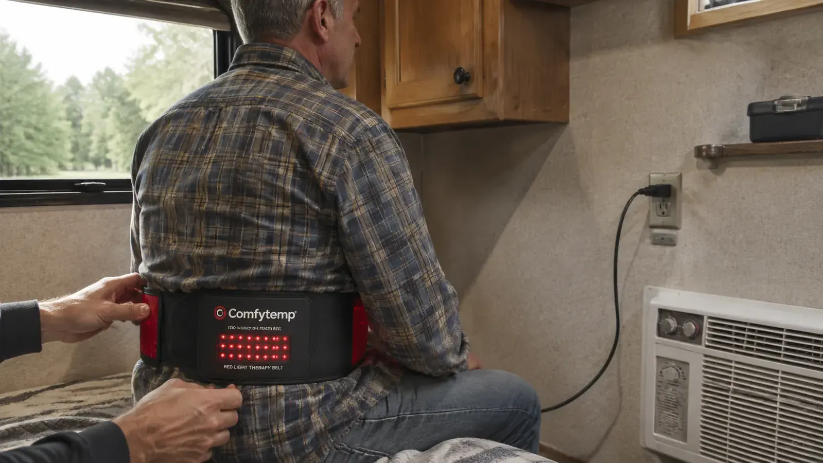 Hands strapping the red light belt around a lower back inside a camper trailer at night
