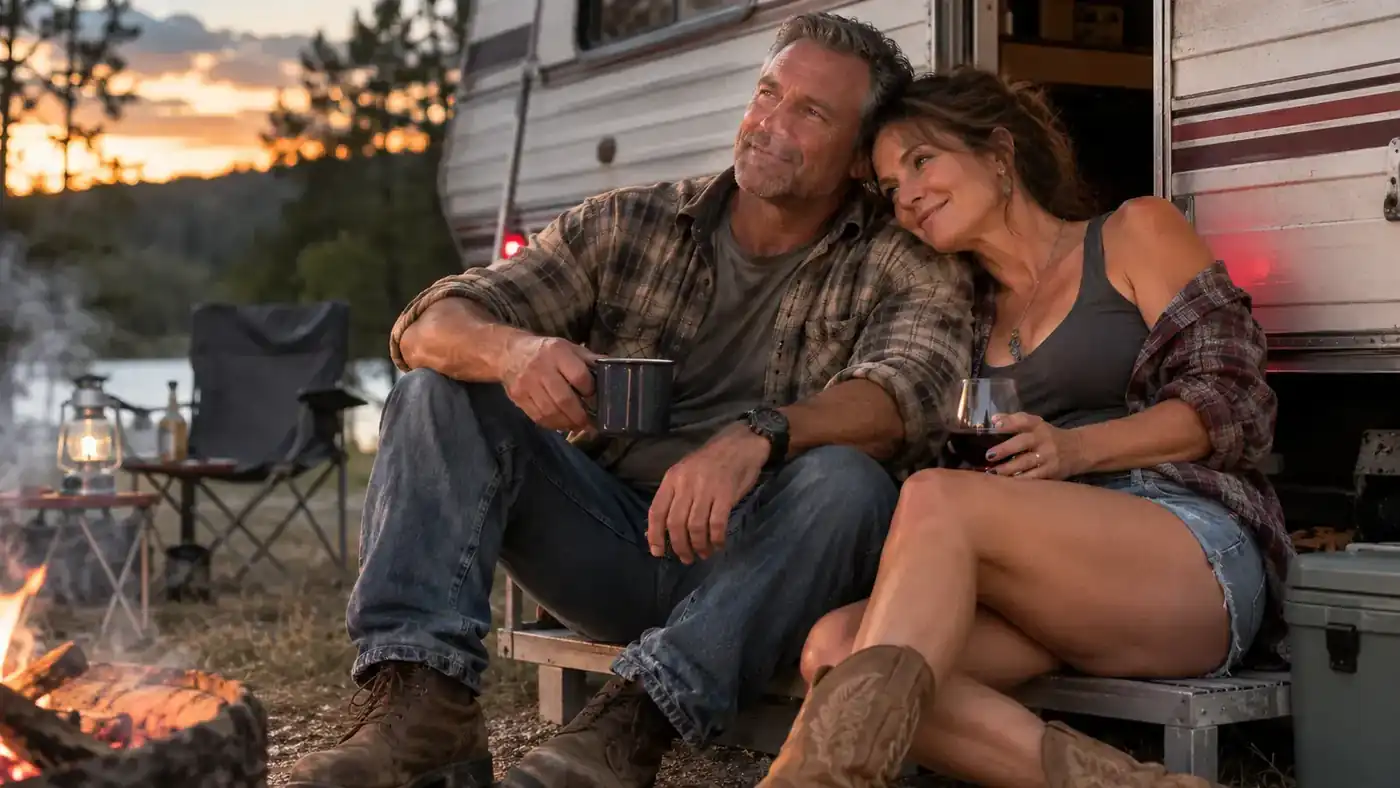 Man and woman sitting on camper steps at dusk with a mug of coffee, red glow visible under his shirt