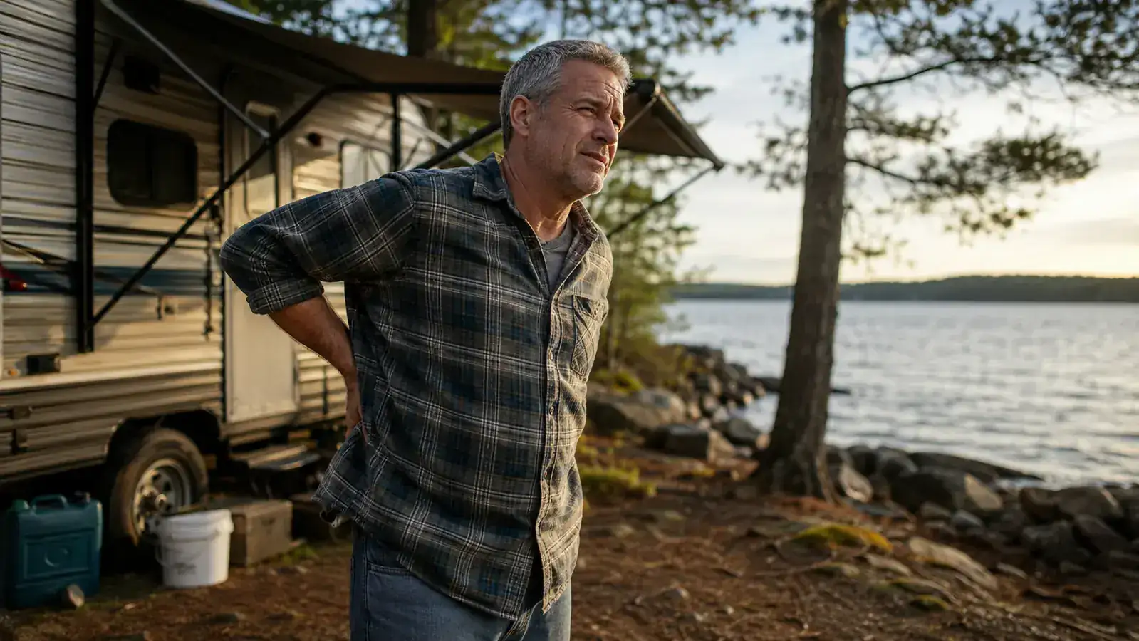 Man standing beside a travel trailer at a campsite, one hand pressed against his lower back, boat ramp visible in the distance