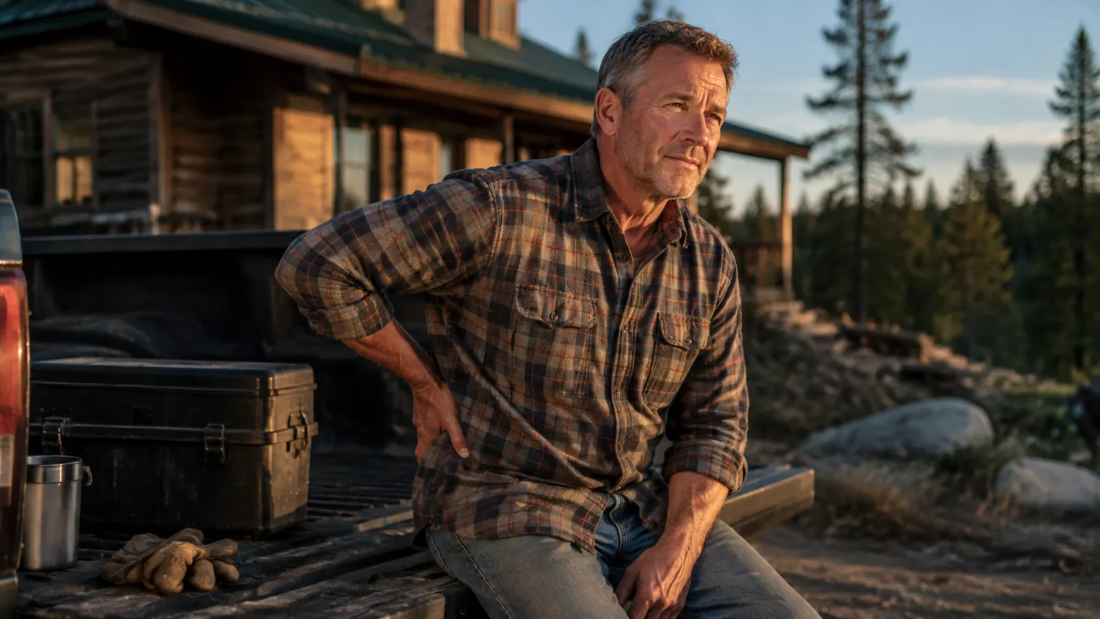 Man in work clothes sitting on the tailgate of a truck at dusk, hand resting on his lower back