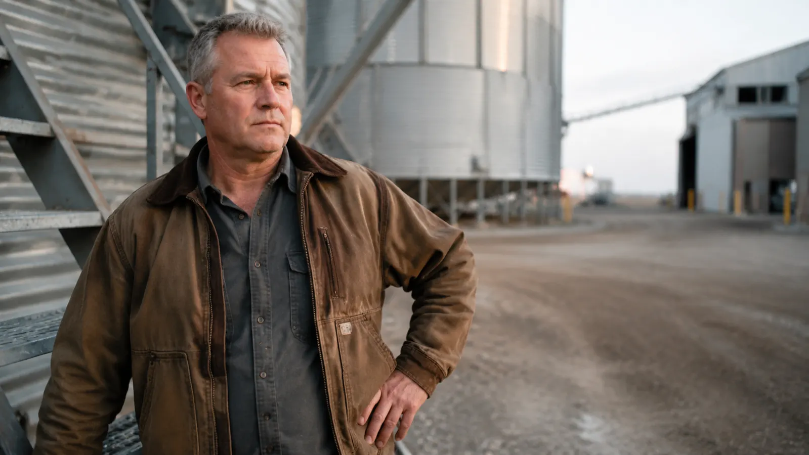 Man in a work jacket standing beside a grain bin ladder at dawn, hand on his lower hip