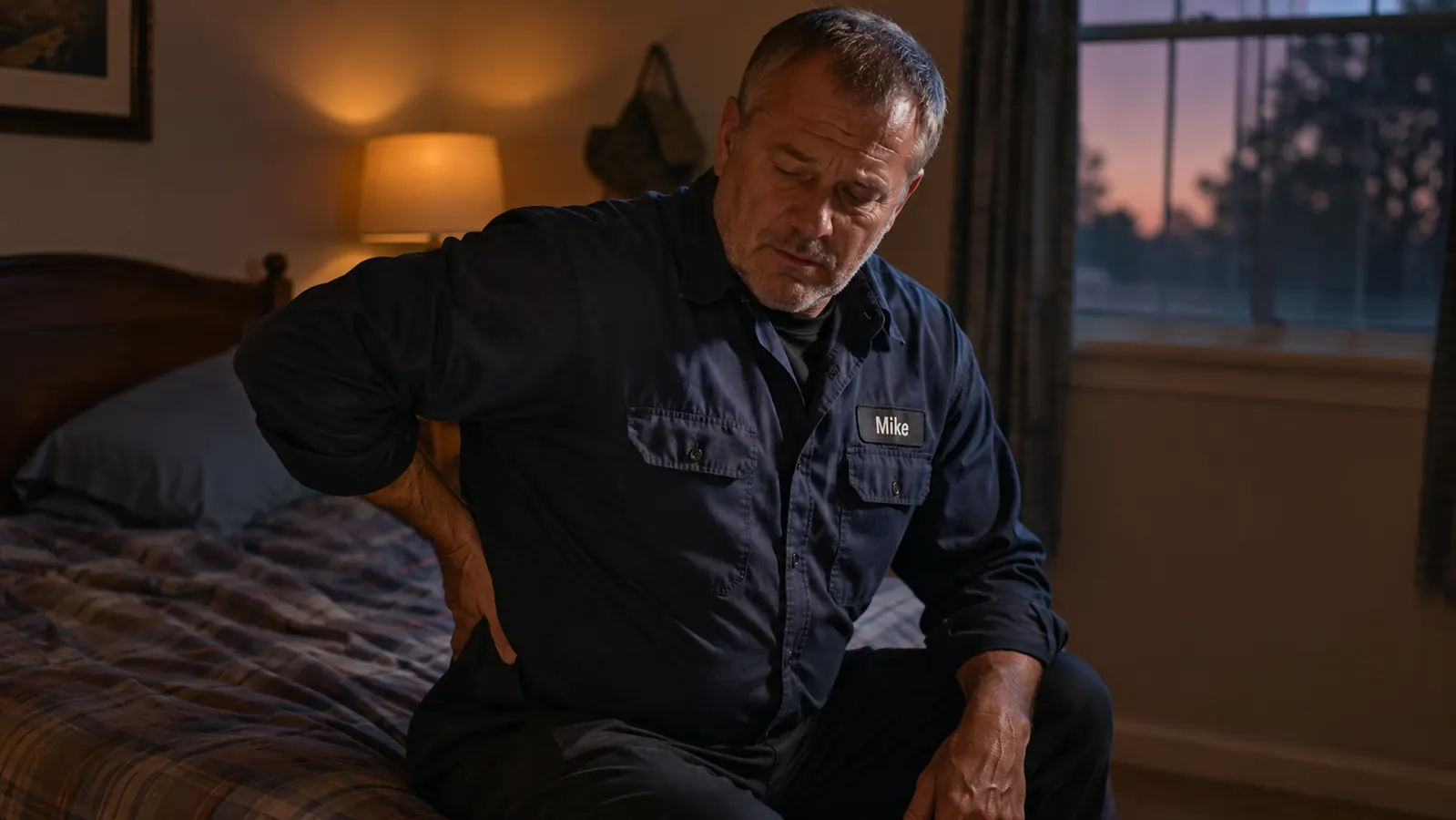 Man sitting on the edge of a bed in a work uniform, rubbing his lower back after a long shift