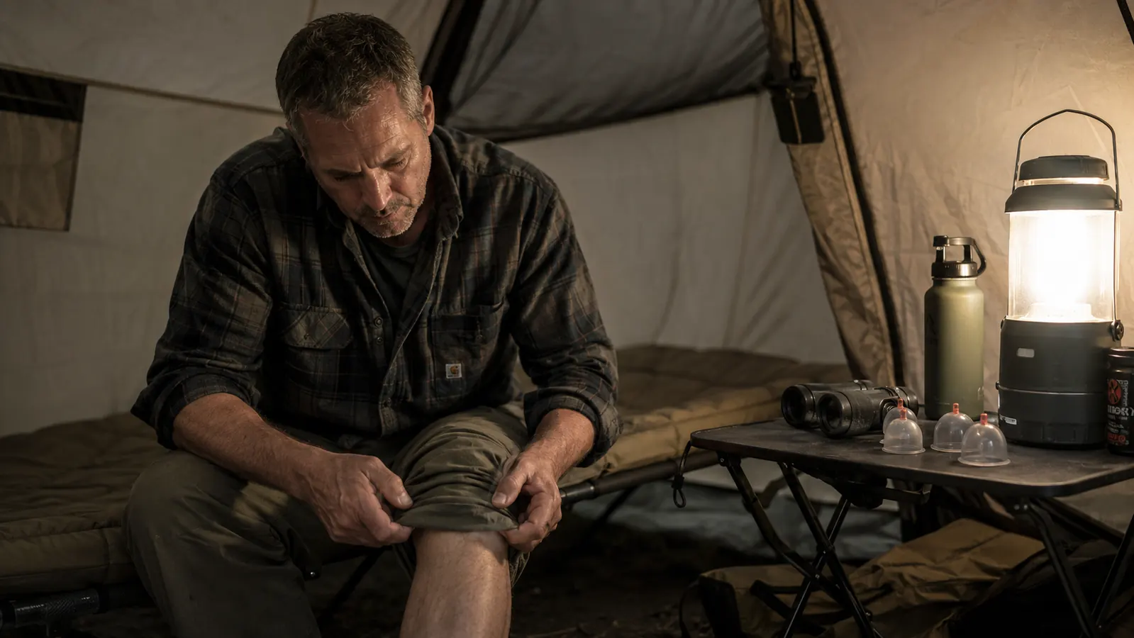 Man sitting on a cot inside a canvas wall tent at dusk, cupping tool resting on a folding table beside a lantern