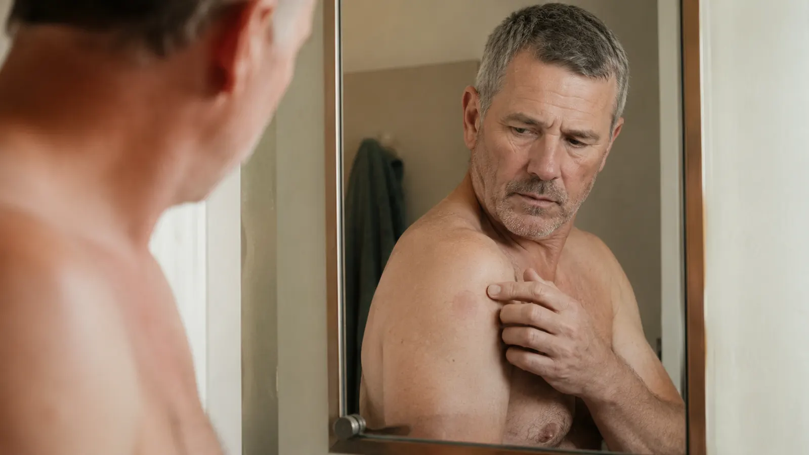 Man in a bathroom mirror checking a faint circular mark on his shoulder in morning light