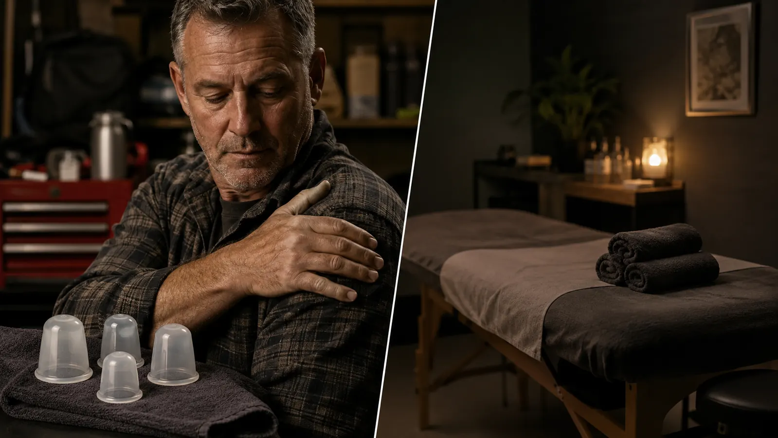 Split scene of a man pulling a silicone cupping cup across his own shoulder on one side and a deep tissue massage table set up in a quiet studio on the other