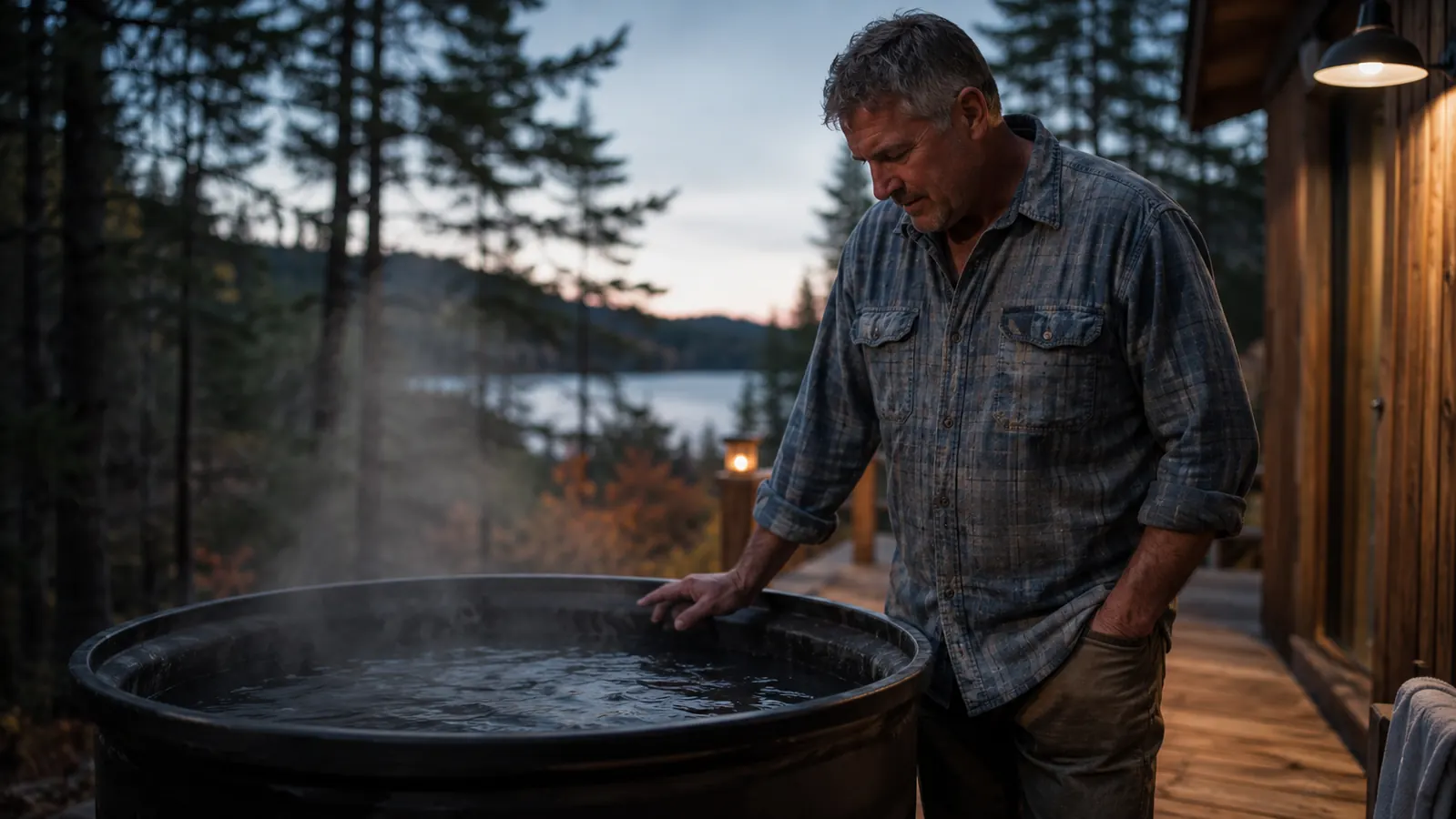 Man in work clothes standing next to a filled cold plunge tub on a back porch at dusk