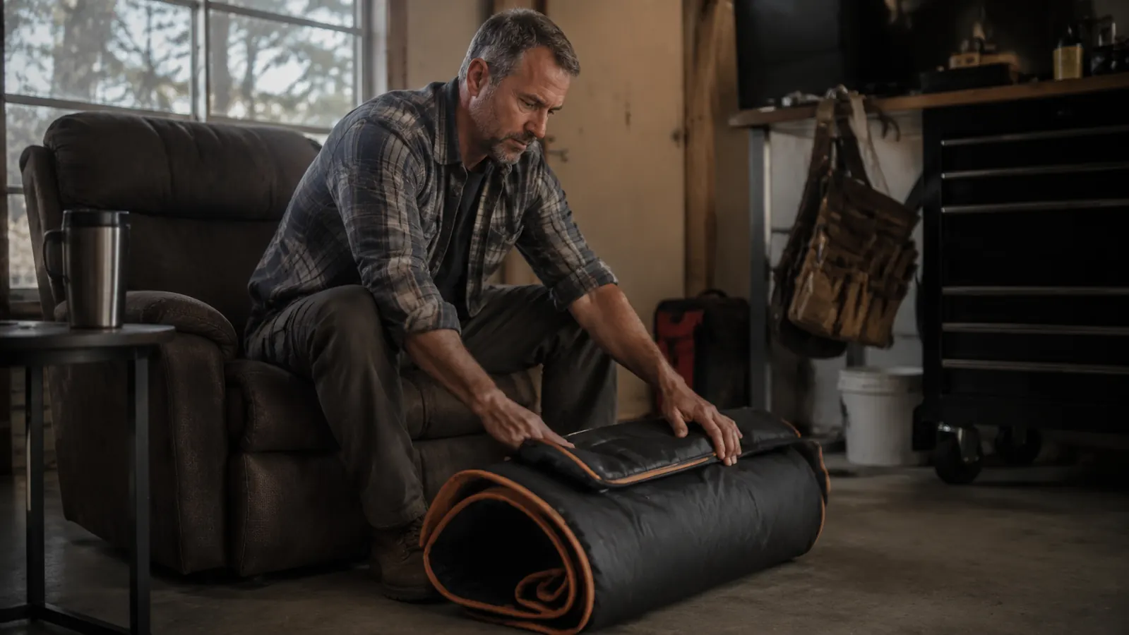 Maintenance worker unzipping an infrared sauna blanket on a recliner in a garage after a long shift