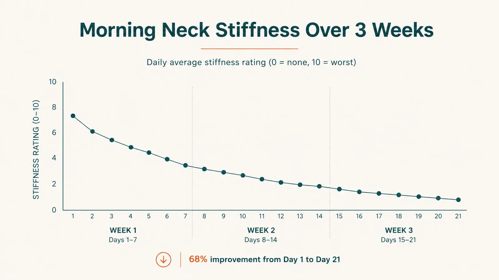 Chart showing morning neck stiffness rating declining over a two to three week routine using a shiatsu massager nightly