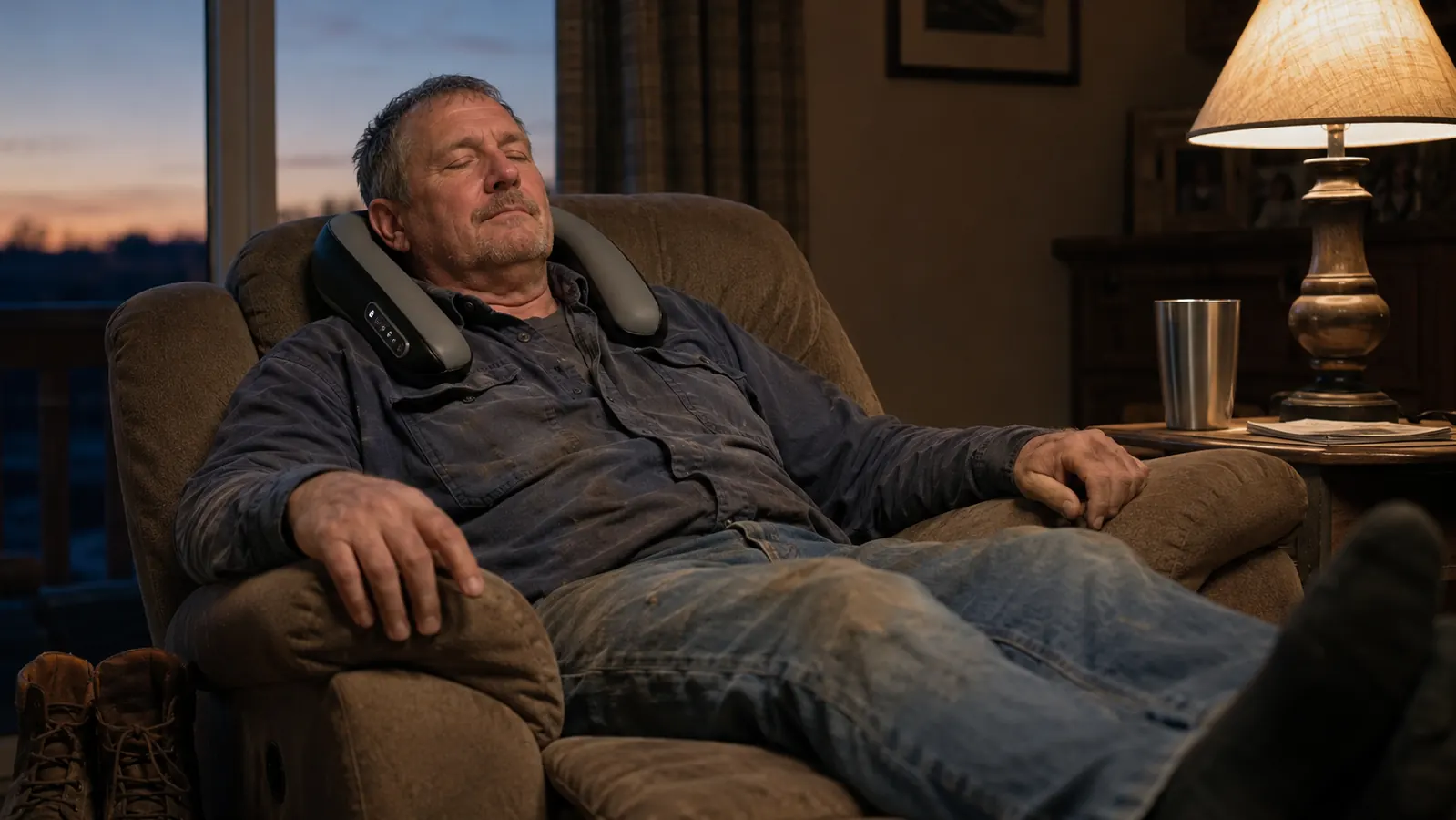 Maintenance worker sitting in a recliner at dusk with a shiatsu neck massager draped around his shoulders