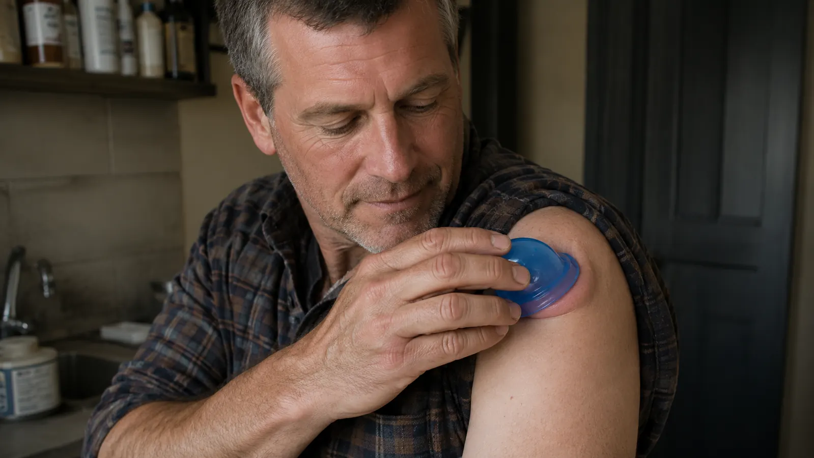 Close-up of a silicone cupping cup applied to a bare shoulder with the skin domed up inside it