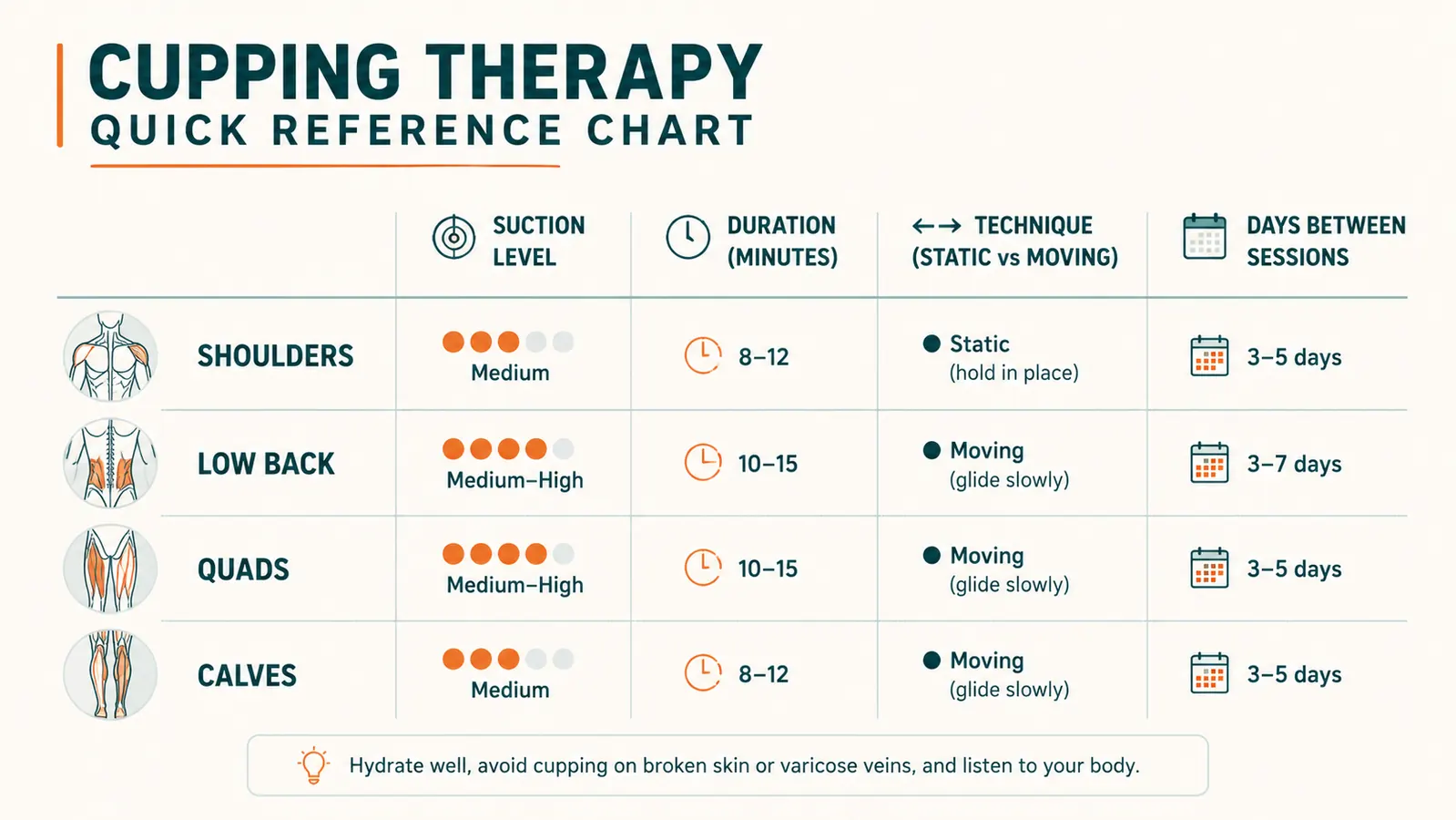 Simple chart showing recommended cupping time and frequency by body area: shoulders, low back, quads, calves