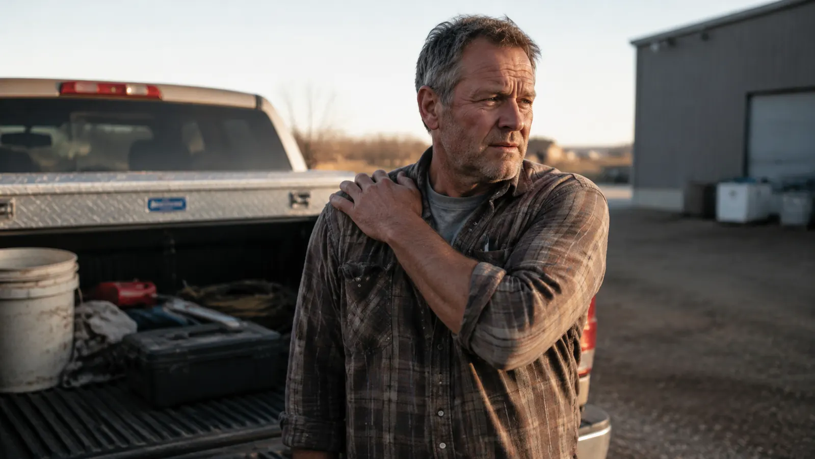 Man rubbing his sore shoulder outside near a truck at the end of a work day