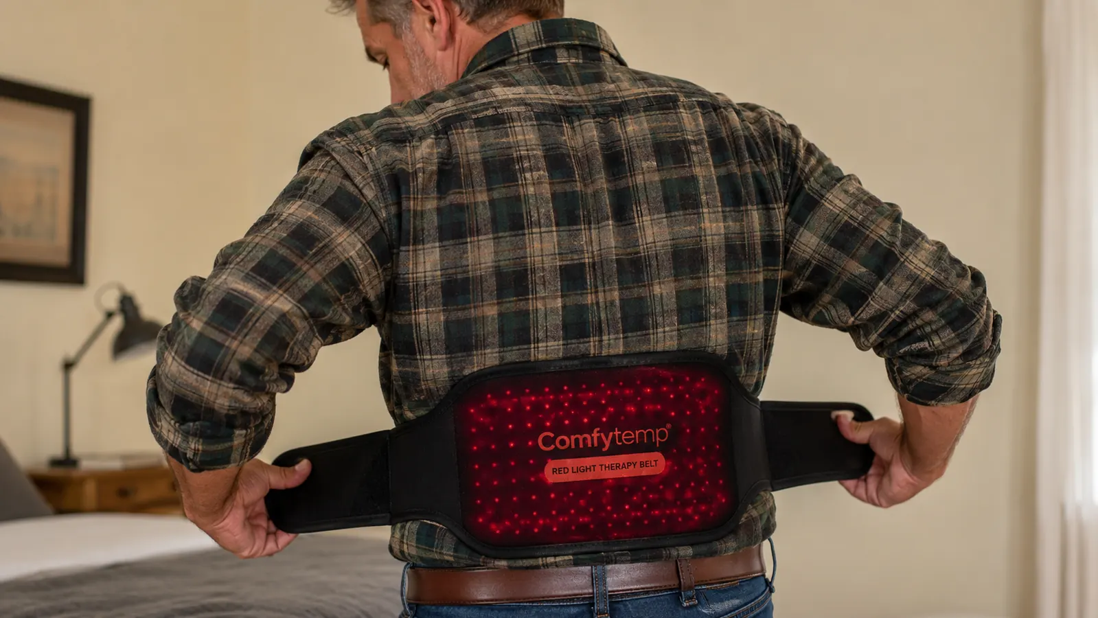 Hands positioning and strapping a red light therapy belt across a bare lower back