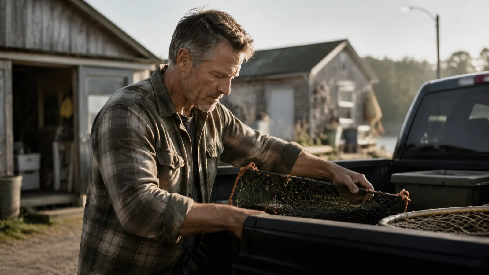 Man loading a tackle box and rod into a truck bed at dawn, moving easily without guarding his back