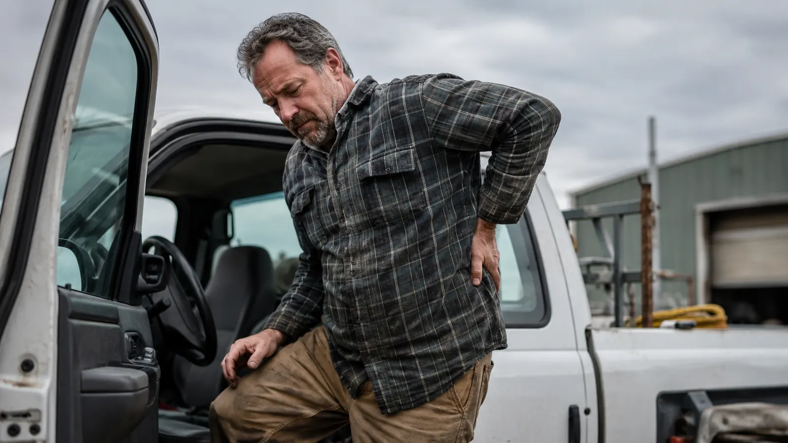 Man stepping down from a work truck at the end of a shift, one hand braced on his lower back
