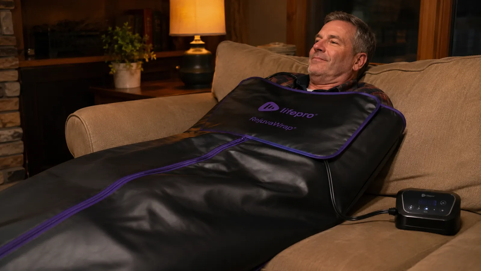 Man lying on a couch inside a black infrared sauna blanket with only his head visible, TV remote nearby, evening lamp light