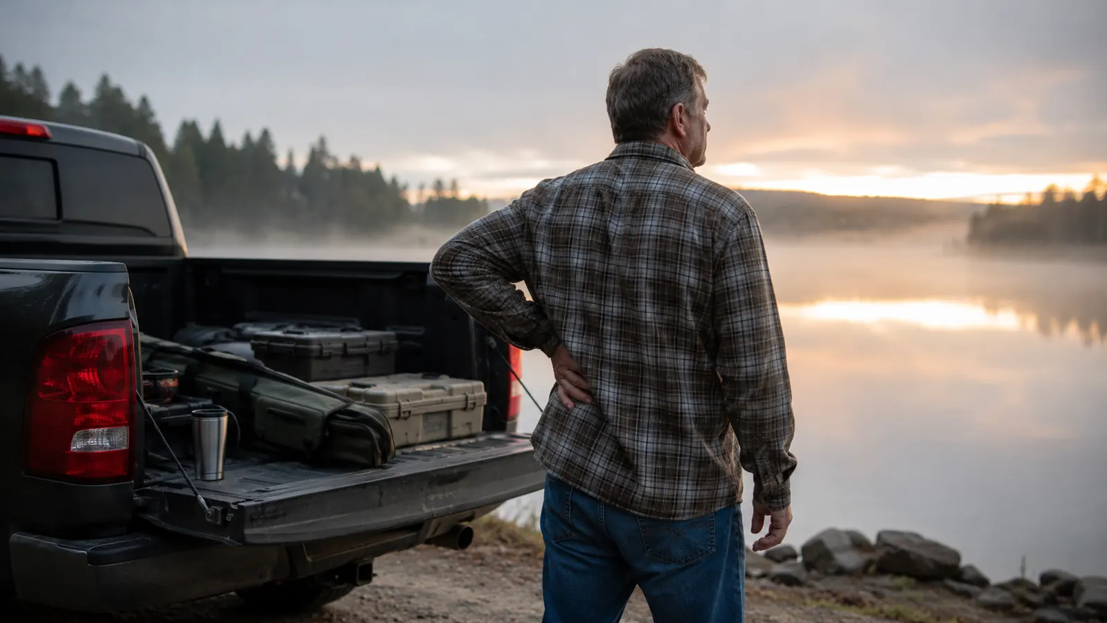 Man in work clothes sitting on a truck tailgate at a lake at dawn, rubbing his lower back before loading fishing gear