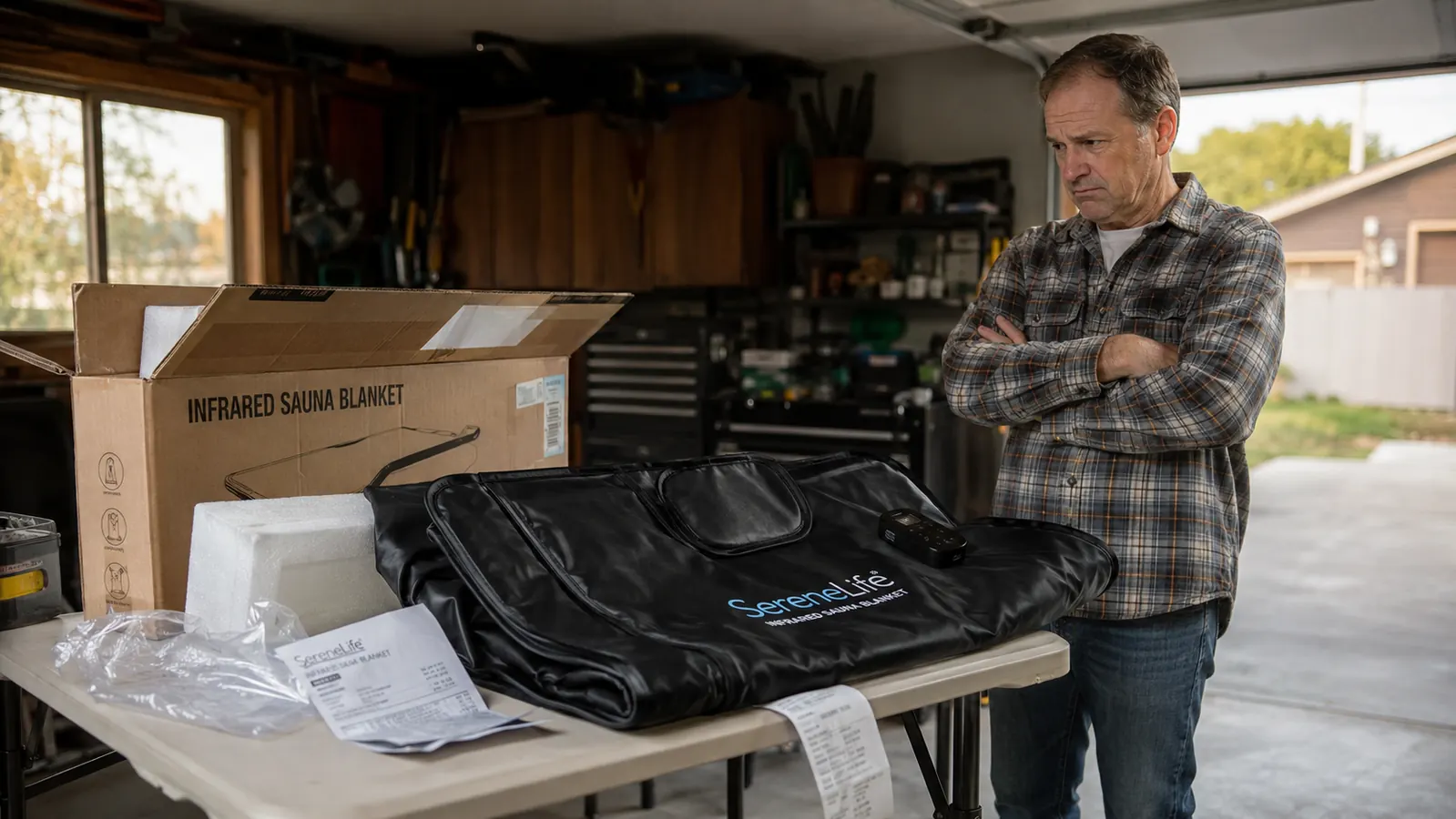 Man in his fifties standing in a garage looking skeptically at an unboxed infrared sauna blanket laid out on a folding table
