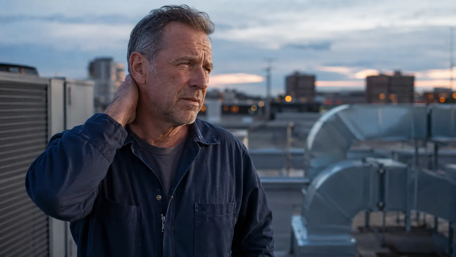 Maintenance worker in coveralls rubbing his neck while standing near a rooftop HVAC unit at dusk