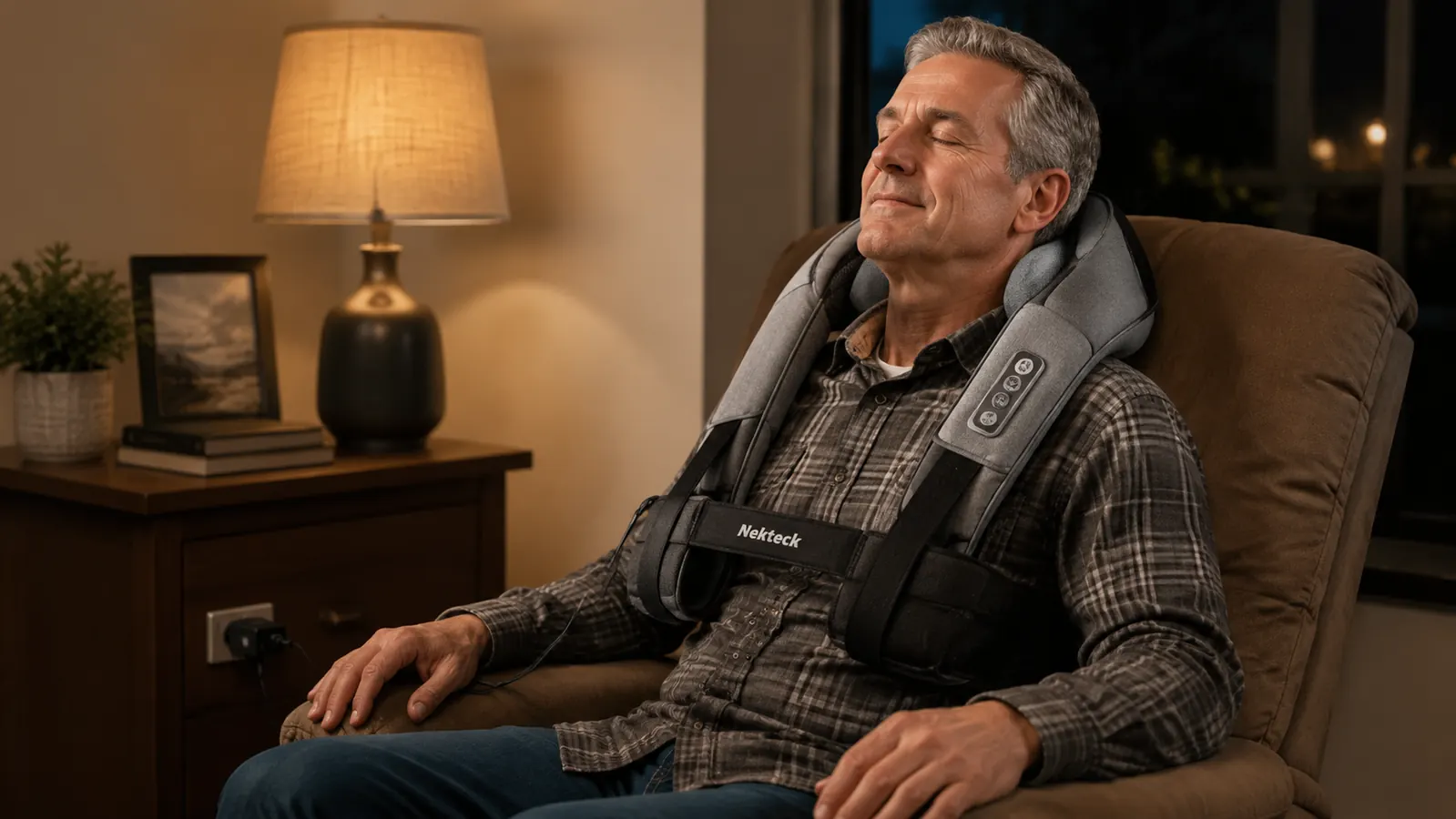 Man wearing the Nekteck shiatsu neck massager strapped around his shoulders while sitting in a recliner