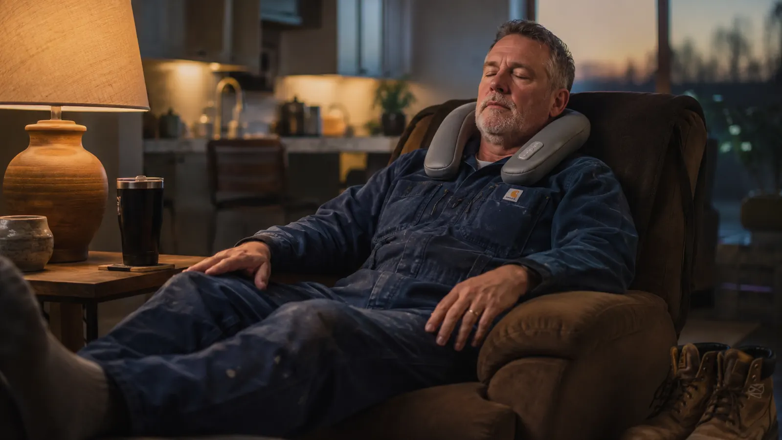 Maintenance manager relaxing in a recliner at home in the evening with a neck massager around his shoulders
