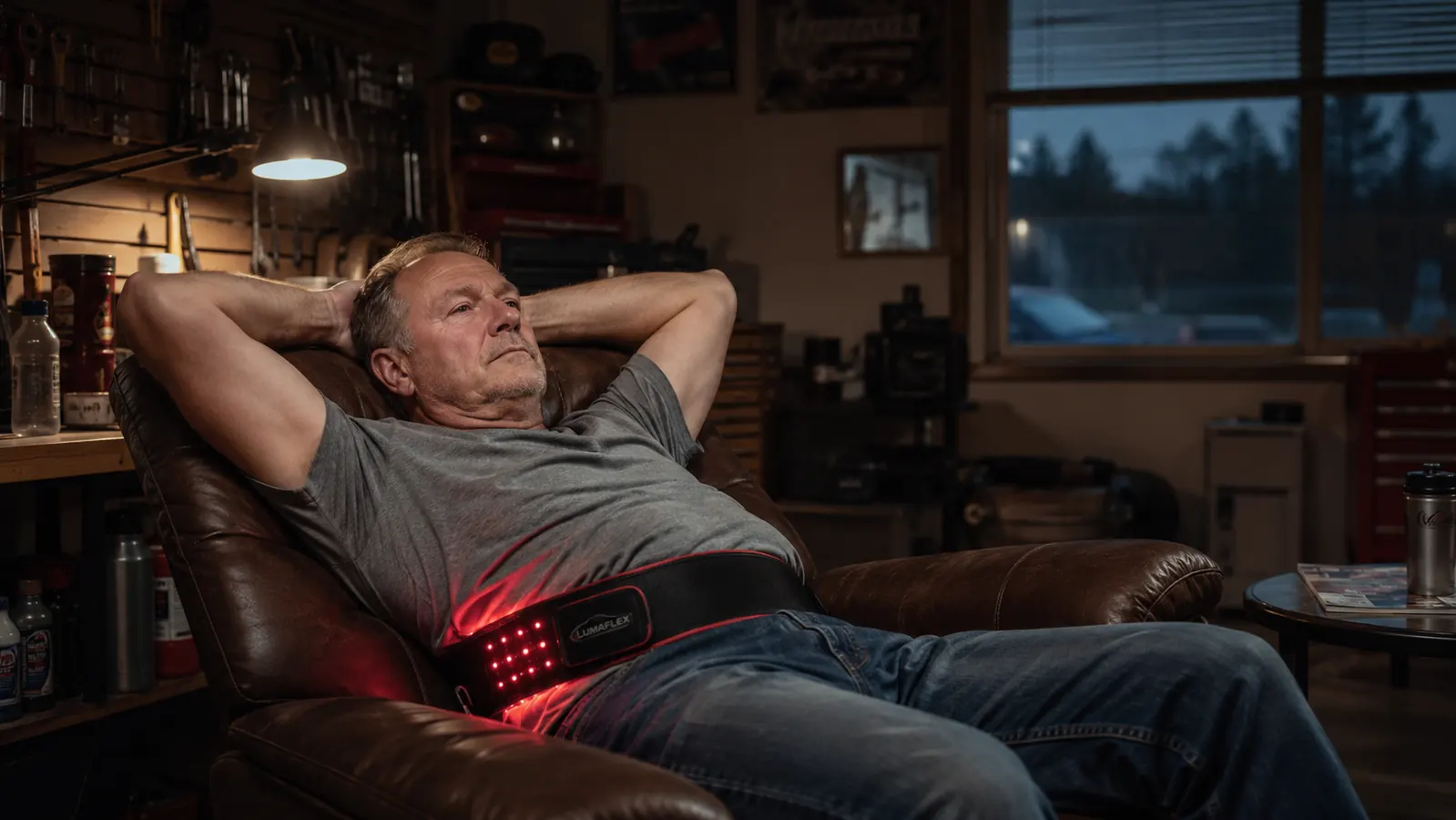 Man in his fifties sitting in a garage recliner in the evening with a red light therapy belt wrapped around his lower back, soft warm lamp light