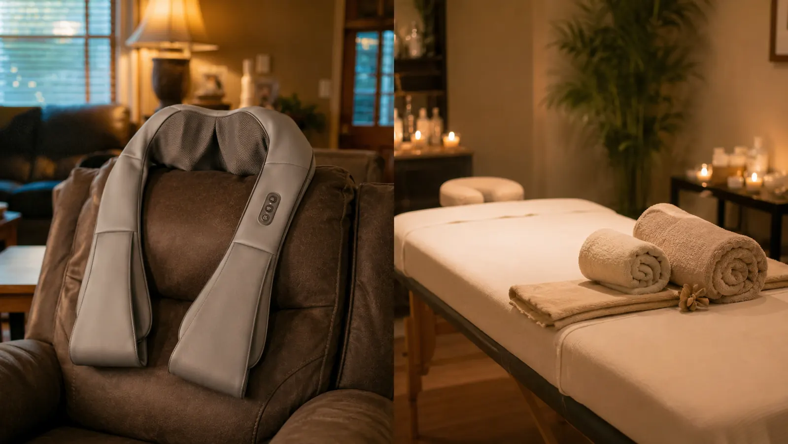 Split scene of a man using a Nekteck shiatsu neck massager in a recliner on one side and a massage therapy table set up in a studio on the other