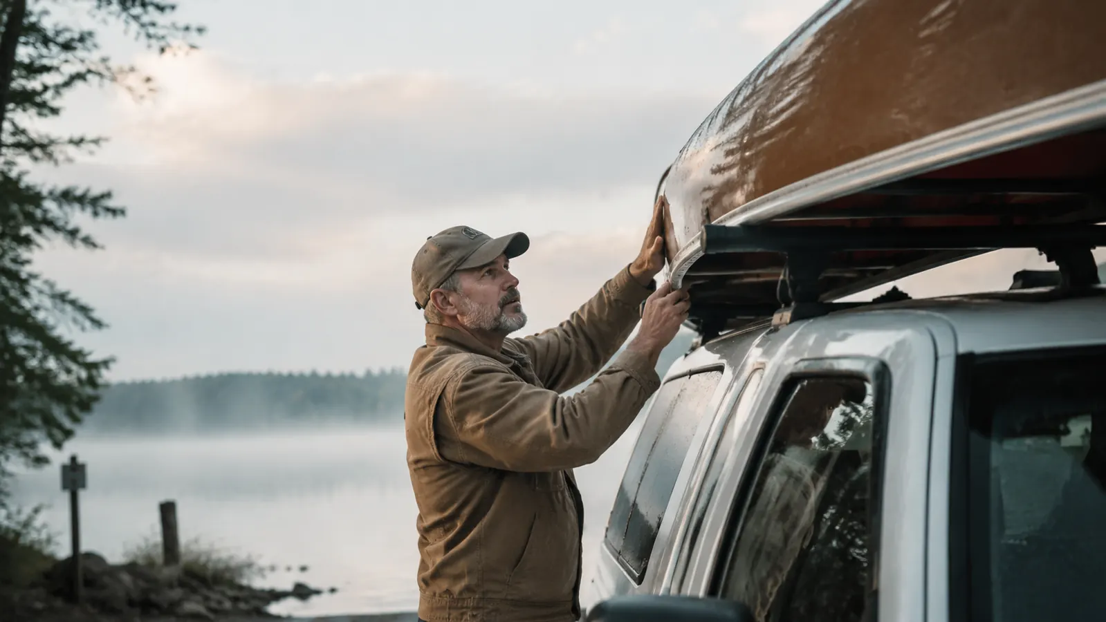 Man loading a canoe onto a truck rack in early morning fog, no visible strain in his posture