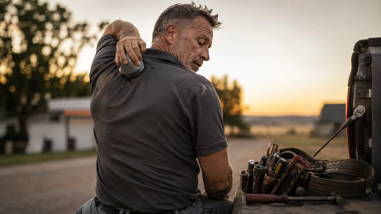 Man in his fifties sitting on the edge of a truck tailgate at dusk, reaching over his shoulder with a silicone cupping tool pressed into his upper back